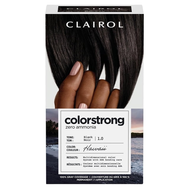 ColorStrong Permanent Hair Dye by Clairol in Black tone 1.0 Hawaii shade with zero ammonia and AHA bonding system for multidimensional color and internal hair structure reinforcement, displayed on a box featuring hair strands held by a hand over a coastal background.