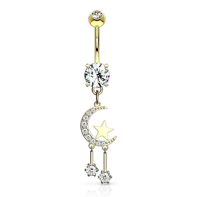 Bagues de Nombril avec Lune et Étoile en Croissant Pavé avec Design Suspendu Rond en Oxydes de Zirconium 14 g