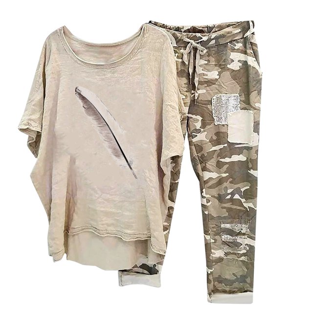 Ensembles 2 Pcs pour Femmes Été T-Shirt à Col Rond Imprimé à Manches Mi-Longues à Enfiler Hauts + Pantalon Ensemble de Pantalons Ensembles Assortis pour Femmes Été en Liquidation