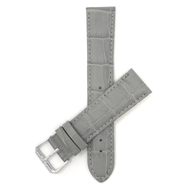 14mm women's alligator style leather smartwatch band in grey, featuring a textured design with visible stitching. Includes two spring bar pushpins and a silver buckle. Compatible with select watch models from brands like Fossil, Citizen, and Omega. Total band length is 16.50cm with a thickness of 3mm.