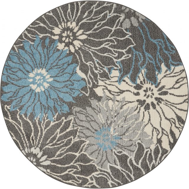 homeroots home decor 385413 4’ Round Charcoal and Blue Big Flower Area Rug