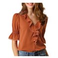 thumbnail image 1 of INSPIRE CHIC Blouse en Mousseline Semi-Transparente pour Femme à Volants, Col en V, Manches Bouffantes au Coude, S Brun Rouge, 1 of 8