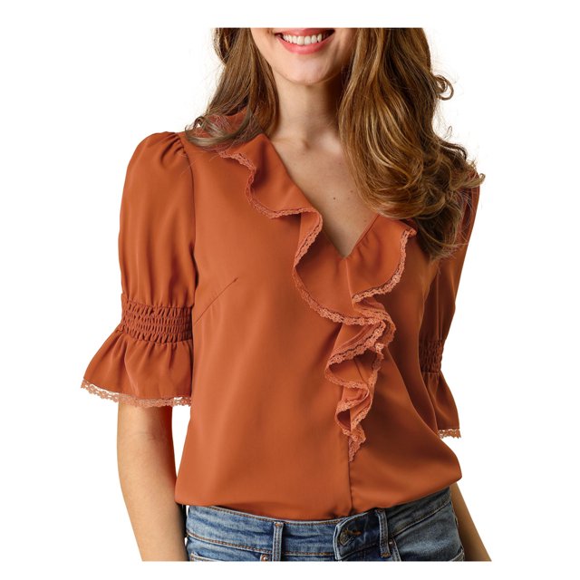INSPIRE CHIC Blouse en Mousseline Semi-Transparente pour Femme à Volants, Col en V, Manches Bouffantes au Coude, S Brun Rouge