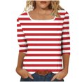 thumbnail image 4 of breaise Chemises à Manches 3/4 pour Femmes, Automne, Rayées, Col Ras du Cou, Hauts Habillés Décontractés, Amples, Blouses de Travail Trois Quarts, Rouge, G, 4 of 7