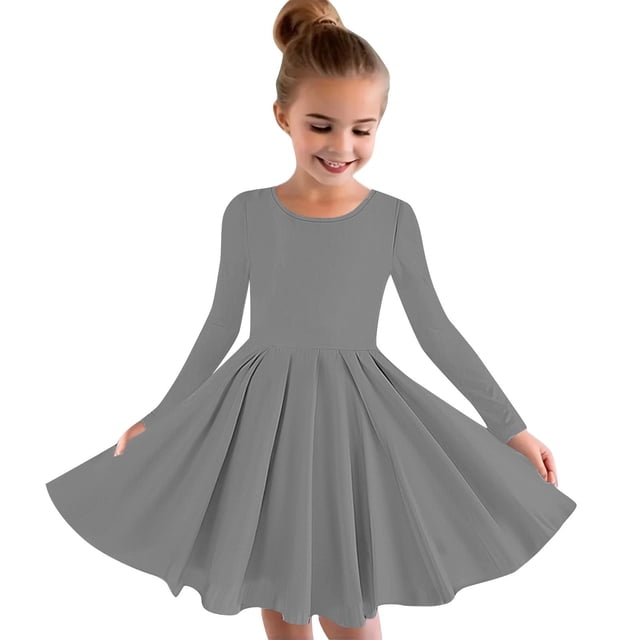 MeetoTime Robe de Performance pour Filles à Manches Longues, Couleur Unie, Col Rond, Extensible, Robe de Récital Scolaire, 4-14 Ans, Vêtements pour Enfants