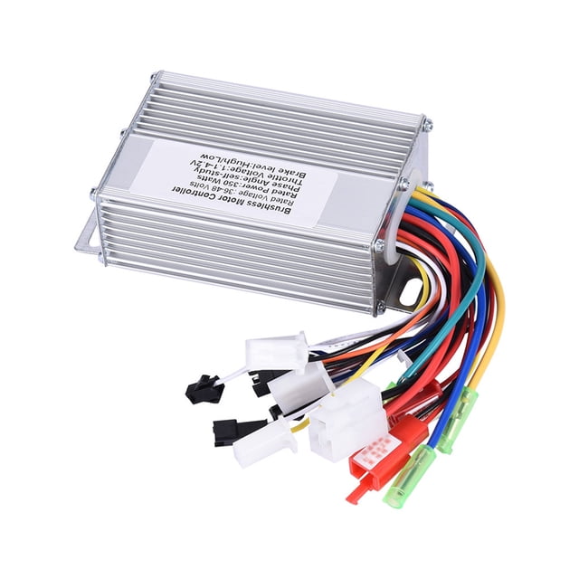 36V/48V 350W Electric E-Bike Scooter Brushless Motor Speed Controller with an aluminum casing, measuring 105 x 70 x 35mm. The controller features multiple colored wires and connectors for easy installation, supporting a voltage range of 36V to 48V and a wattage of 350W. Suitable for electric bike conversion kits, it includes a throttle range of 1-4.2V and short voltage protection of 31.5±0.5V/42±0.5V.