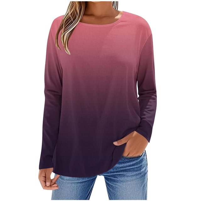 SROBPTY Longues Chandails à Manches pour Femmes, T-Shirt à Col Rond à Manches Longues avec Imprimé Automnal pour Femmes en Gris, Taille TG. Ce T-Shirt pour Femmes Présente un design Dégradé Transitionnant du Rose au Violet, avec une Encolure Ronde et une Coupe Décontractée. Idéal pour les occasions Décontractées, Quotidiennes Ou de Fête.