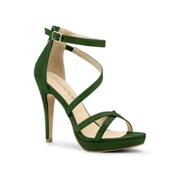 BLISSFUL STEP Chaussures pour Femmes Sandales à Talons Aiguilles à Brides Plateforme Bride à la Cheville Bout Ouvert en Faux Suède Vert 10