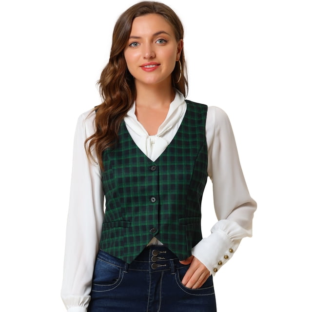 INSPIRE CHIC Veste Sans Manches à Carreaux Extensible Asymétrique pour Femme à Col en V, Taille Cintrée, à Boutons