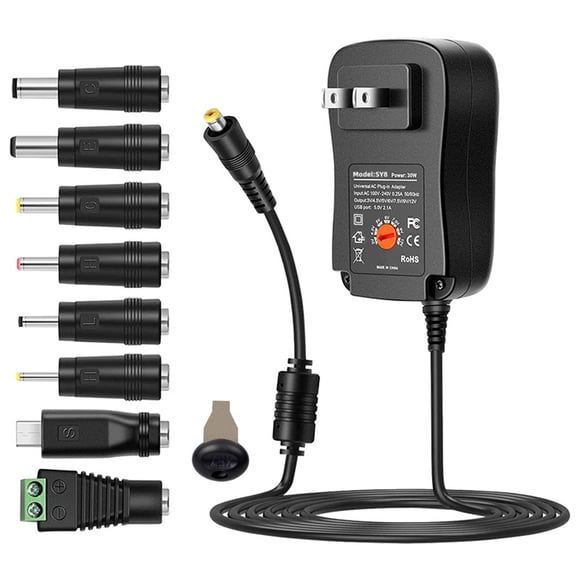 Arealer 30W Universal AC to DC Power Supply Adapter with 5V 2.1A USB Port, AC Plug-in Power 3V to Adjustable Output Voltage with 8 DC Adapter Tips for Household Electronics