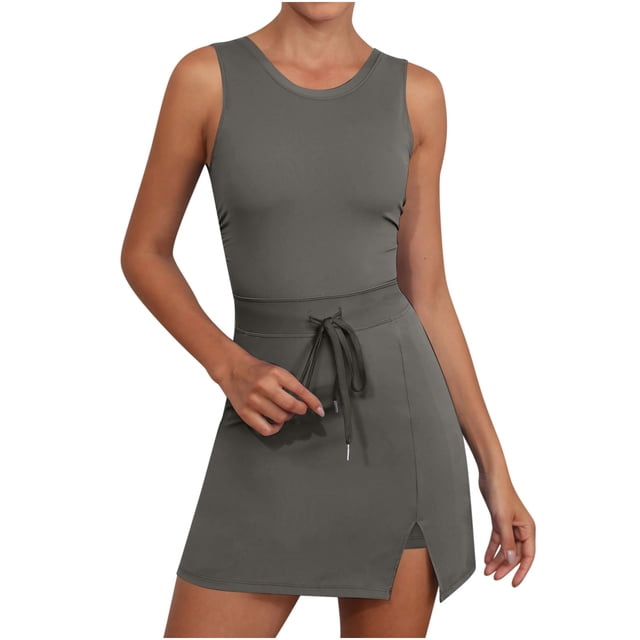 Dealovy Combinaisons Courtes pour Femmes Athlétiques Sans Manches Robe de Tennis avec Shorts Intégrés Été Taille à Cordon Robes Mini