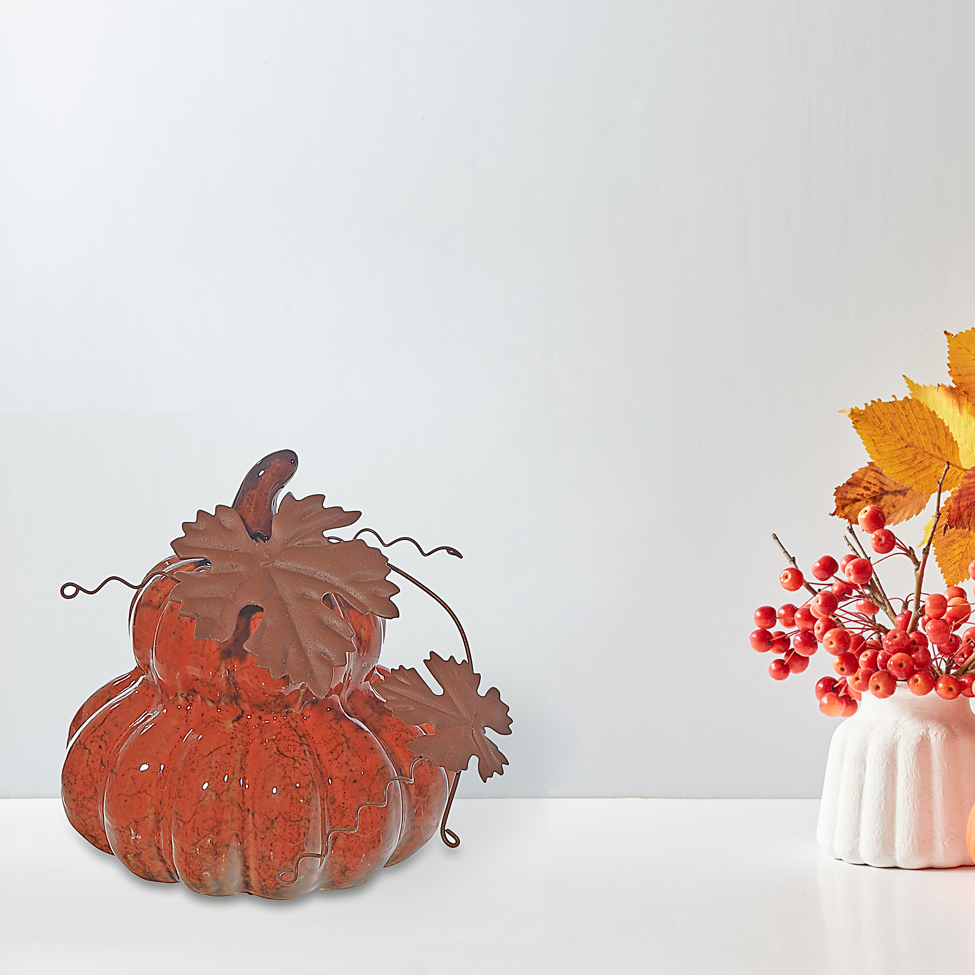 Décor De Citrouilles Empilées En Porcelaine (Orange) - Lot De 2