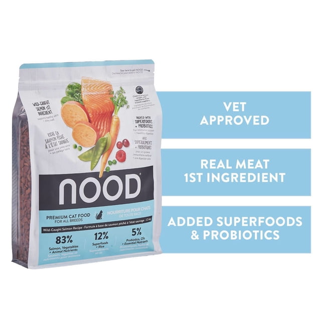 NOOD Wild-Caught Salmon Cat Food with Probiotics in a resealable bag featuring images of salmon, carrots, peas, and sweet potatoes, highlighting 83% salmon and vegetables, 12% superfoods and rice, and 5% probiotics and essential oils, with vet approved formula and real meat as the first ingredient.