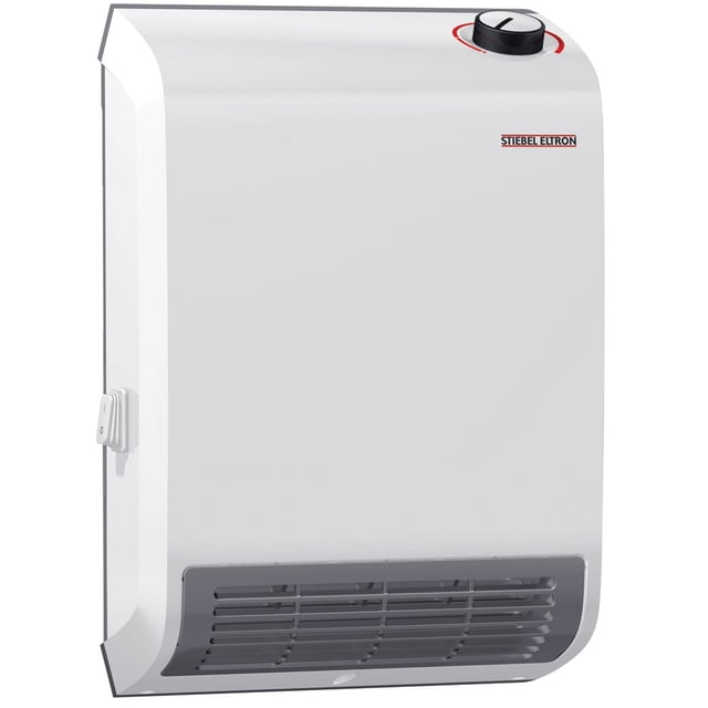 Stiebel Eltron 236304 CK Trend Radiateur Ventilateur Électrique Mural avec une Puissance de Sortie de 1500 W et une Tension de 120 V. le Radiateur Présente un design Élégant Blanc à Montage en Surface avec un Bouton de Commande Noir en Haut à Droite et une grille Ventilée en Bas pour la circulation de l'Air. Idéal pour un Chauffage Rapide dans les Salles de Bain, Cuisines et Couloirs, Il Comprend un Réglage de protection contre le Givre et Fonctionne Silencieusement à 49 dB(a). les Dimensions Sont de 15