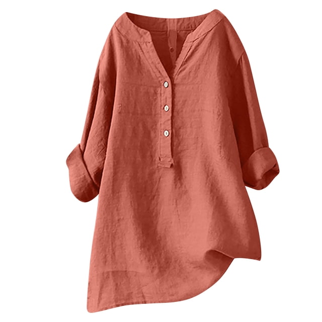 Hauts à Manches Longues pour Femmes Hauts à Col en V à Manches Longues Amples à Boutons Tunique en Coton et Lin Blouse d'Été Hauts à Manches Longues pour Femmes Tuniques d'Été pour Femmes Hauts d'Été à Manches Longues pour Femmes