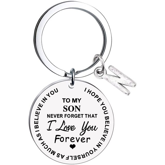 Heliisoer To My Son Message Keychain Stainless Steel Initial Last Name 26 Letter Family Inspirational Keychain Gift