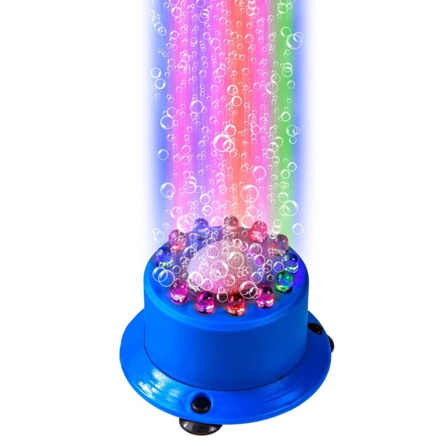 Penn-Plax LED Air Stone with a blue circular base featuring 12 multicolour LEDs around a central air stone diffuser, emitting colorful bubbles and RGB light effects to oxygenate freshwater and saltwater aquariums, also suitable for hydroponics and aquaponics.