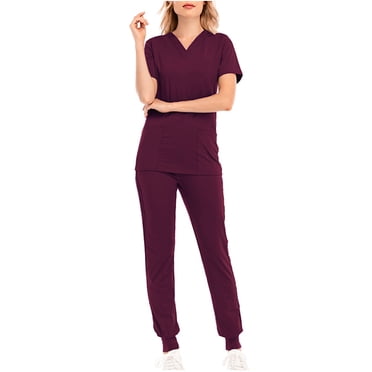 yoeyez Ensemble de Sarraus pour Femmes Petite, Femmes Pantalon Ample Uni à Cordon avec Poche Blouse à Manches Courtes Col en V pour Soignante Ensemble d'Uniforme d'Infirmière Bordeaux