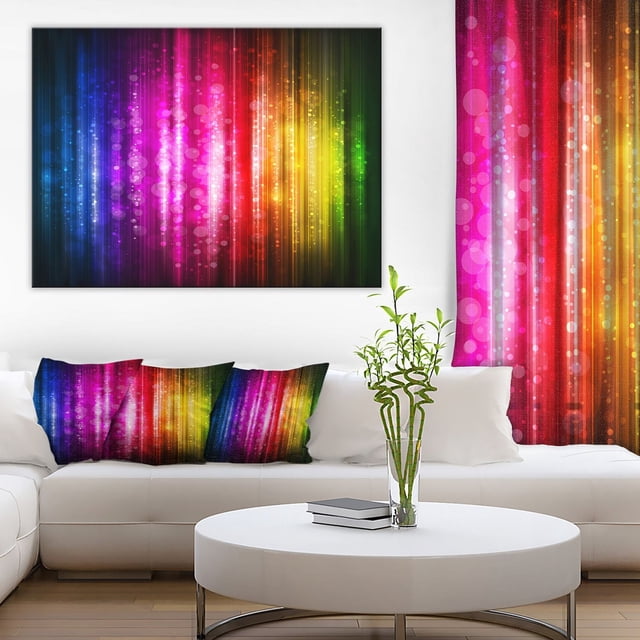 Design Art Impression sur Toile de Fond Lumineux avec Rayures Verticales de Bleu, Rose, Rouge, orange, Jaune et Vert avec Effets Lumineux bokeh, Galerie Enveloppée sur un Cadre en Bois de 1 Po, Exposée au-Dessus d'Un sofa Sectionnel Blanc avec des Coussins Colorés Assortis et une table Basse Ronde Blanche avec un vase en Verre Tenant des Tiges de Bambou Vertes, Idéale pour Ajouter une Art Mural Moderne Vibrante à la Déco de la Maison.