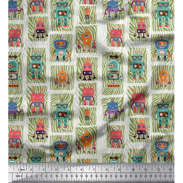 Soimoi Rayon Fabric Woodgrain Texture & Cartoon Machine Hardware Print Fabric by Yard 42 Inch Wide