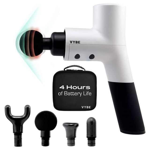 Vybe Premium Deep Tissue Muscle Massage Gun with 5 speeds and 4 attachments, featuring a white and black design. Includes interchangeable heads: knot blaster, large ball, flathead, and wishbone, ideal for massage therapy and deep tissue recovery. Comes with a compact travel case labeled '4 Hours of Battery Life,' designed for muscle tension relief and enhanced recovery.