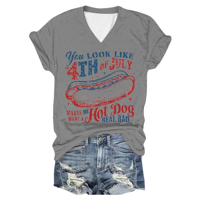 TSADFHJI T-Shirts pour Femmes Col en V Col Rond Imprimé Lettre Manches Courtes Col O T-Shirt Haut m Gris
