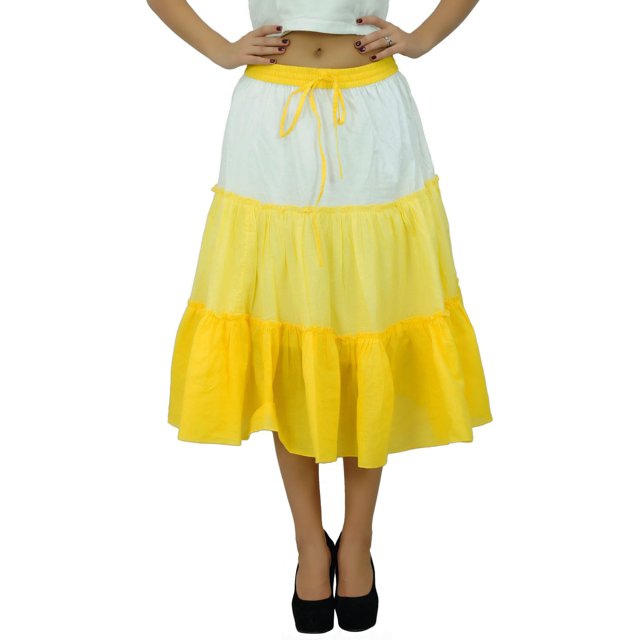 Bimba Flaired Cotton Boho Summer Skirt Elastic Waist Mid-Calf Ruffle Skirts