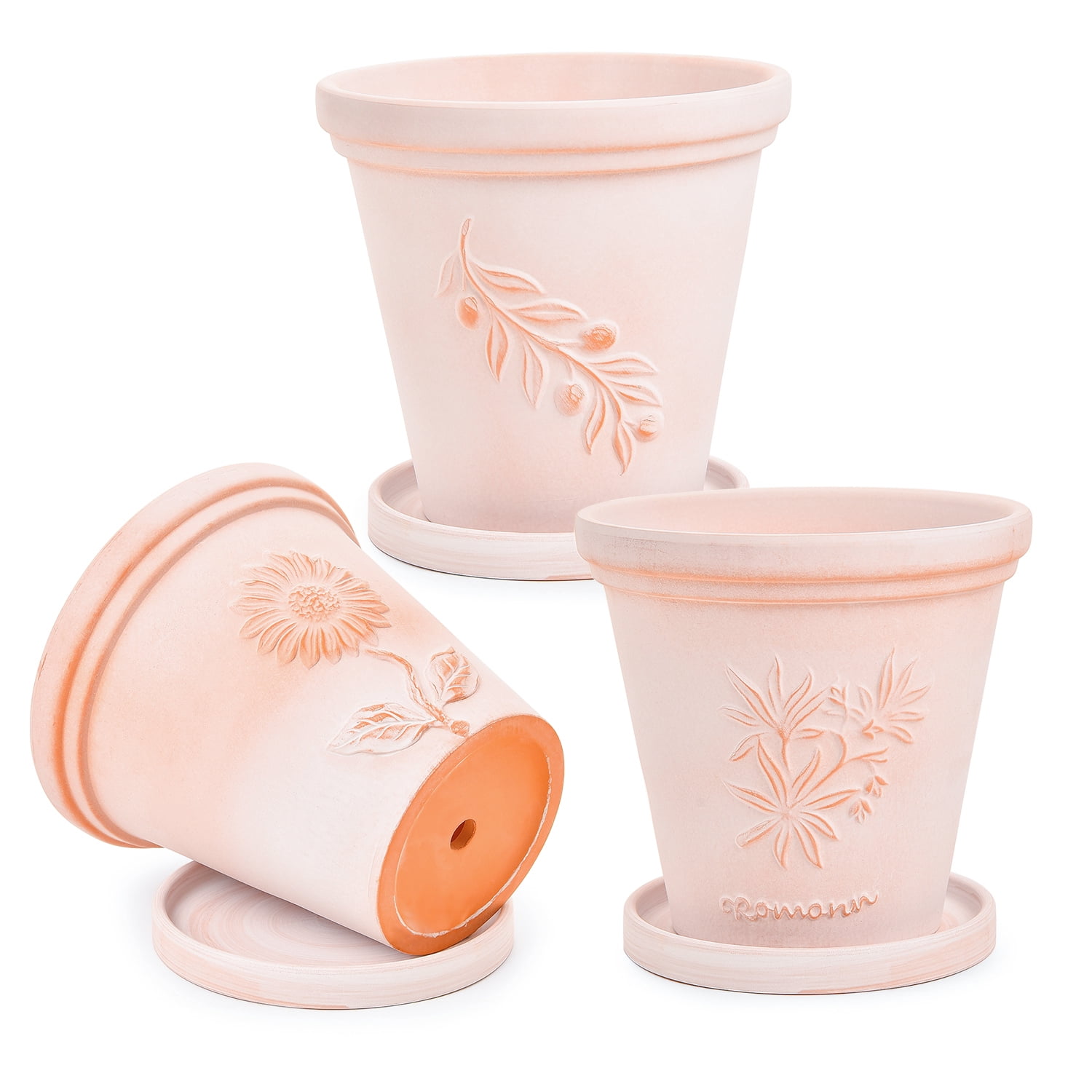 Sungmor Set of 3 Terra Cotta Pots with Saucer & Drainage Hole, Large & Deep Clay Pots, Unique Embossed & Pretty Colour Pottery Planters, Decorative Flower Pots for Plants Orchid Cactus Succulent