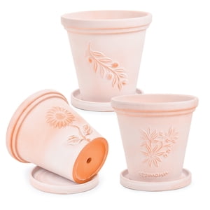 Sungmor Set of 3 Terra Cotta Pots with Saucer & Drainage Hole, Large & Deep Clay Pots, Unique Embossed & Pretty Colour Pottery Planters, Decorative Flower Pots for Plants Orchid Cactus Succulent