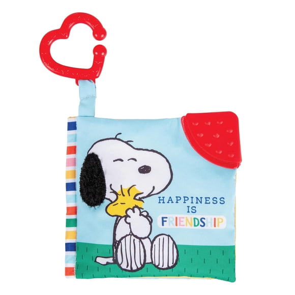 Livre Froissé Amusant Préféré des Enfants Peanuts Snoopy pour Bébé avec Pince de Voyage pour Emporter, Anneau de Dentition, Livre Sensoriel Doux pour Bébés et Tout-Petits, 5,25 X 5,25 Pouces