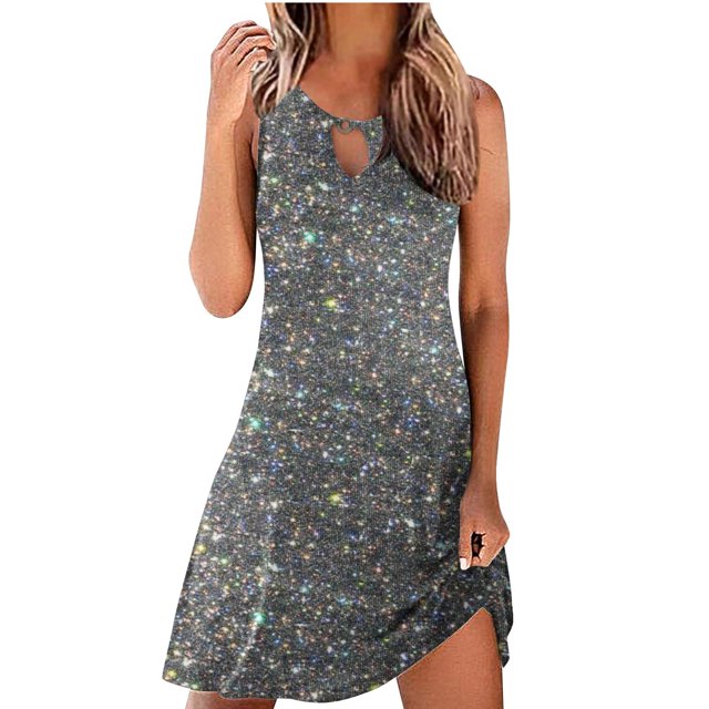 Besolor Robe à Paillettes pour Femmes 2024 Tendance à Encolure Goutte d'Eau Robe d'Été Scintillante Ligne A Fluide Plage Fête Mini Robes d'Été