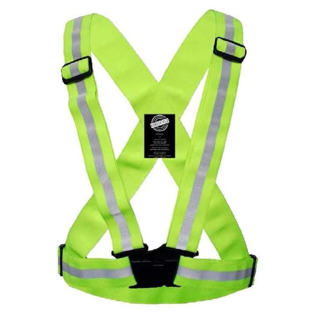 Traffic Safety Sash in bright lime green with silver reflective strips on adjustable 1.5-inch elastic waist and chest straps featuring a black front release buckle, designed for high visibility in fall protection and personal protective equipment.