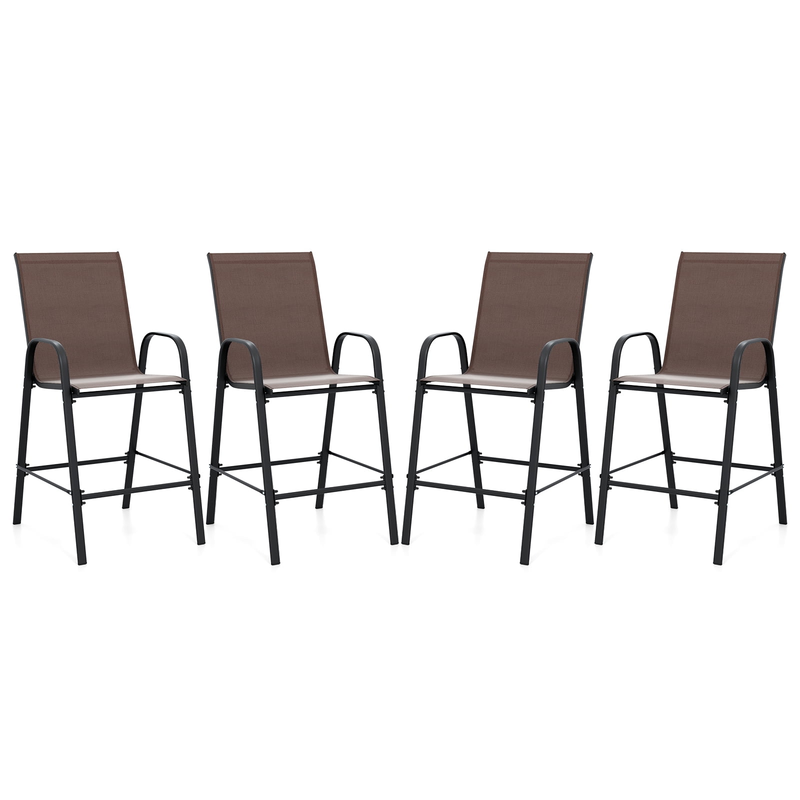 Gymax 4PCS Outdoor Bar Stools 29'' Fabric Bar Height Stools w/ Armrests & Footrest Brown