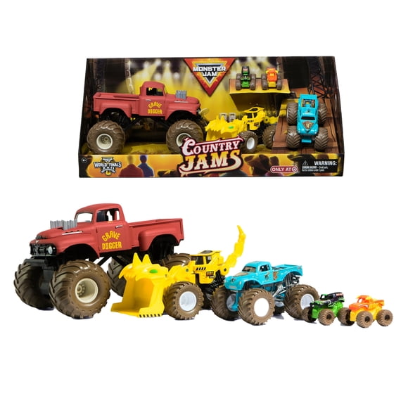 Monster Jam, Country Jams, COFFRET DE 5 MONSTER TRUCKS, Grave Digger, Whiplash, Scoopz, El Toro Loco, Grave Digger, jouets pour garçons et filles à partir de 3 ans