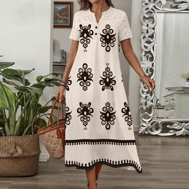 Ovzne Robes d'Été pour Femmes 2025 Robe d'Été Mode Robe d'Été Décontractée Col en V Manches Courtes Imprimé Bouton Robe de Plage Bohème Robe en Dentelle Robes pour Femmes Manches Courtes