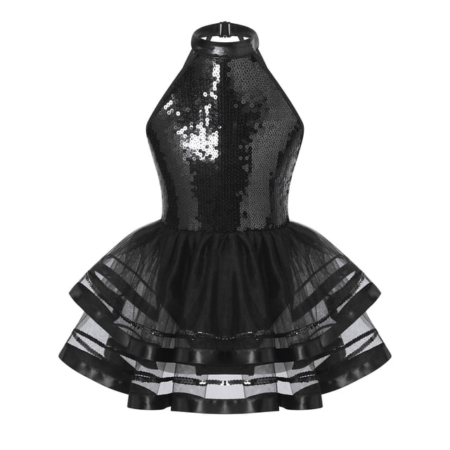 inhzoy Robe de Danse en Tulle à Sequins pour Filles, Tutu de Jazz Latin, Tenue de Danse de Salon Noire 10