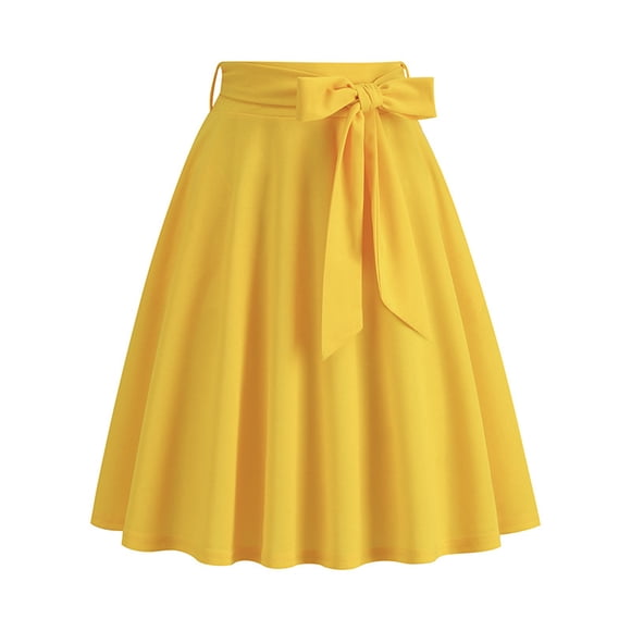 Mrat High Slit Skirts Women's Vintage Solid Color High Waist Pleated Skirt Flare Mid Length Dress Crochet Skirt S-117 Yellow XXL