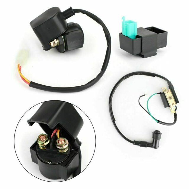 NEW CDI Box & Ignition Coil & Starter Relay Solenoid for 50cc, 90cc, 110cc, and 125cc engines. The image shows a black ignition coil with a 90-degree spark plug cap, a CDI box with a 5-pin plug, and a starter relay solenoid with wiring. Designed for direct replacement in scooters, mopeds, ATVs, dirt bikes, and go-karts. Compatible with TaoTao, Buyang, SUNL, Roketa, Lifan, and more. Suitable for 4-stroke engines.