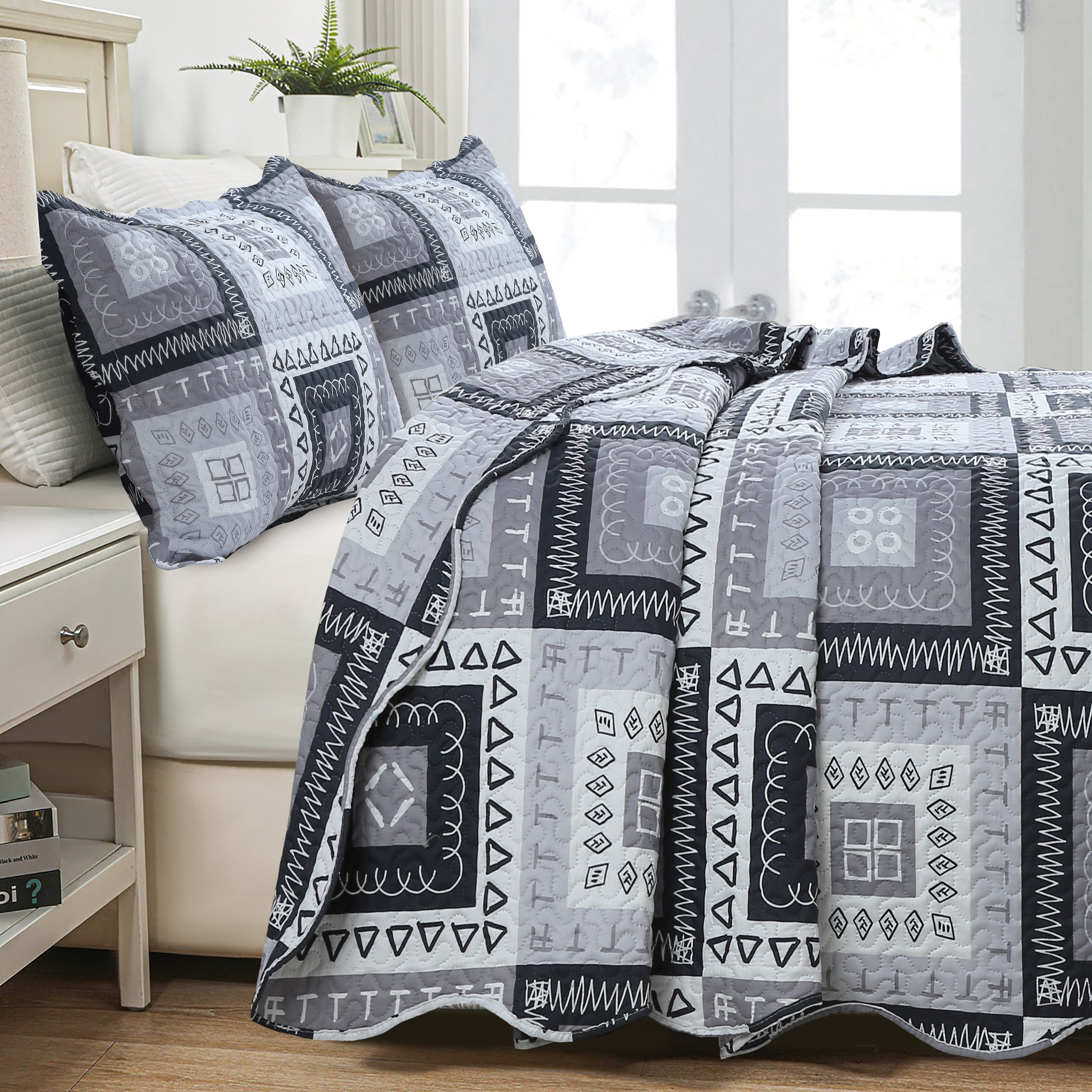 Marina Decoration Home Bedroom Pinsonic Bedding Coverlet Bedspread Ultra Soft 3 Piece Summer Embossed Printed Quilt Set with 2 Shams, Modern Grey Patchwork Geometric Pattern King