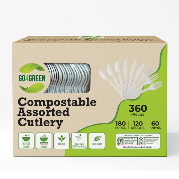 Assortiment de couverts compostables Go4Green, 360 pièces (180 fourchettes, 120 cuillères, 60 couteaux)