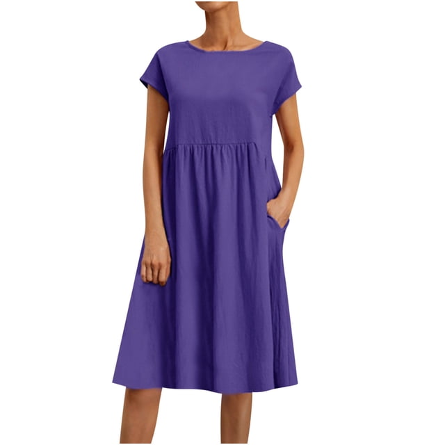 RKSTN Robes d'Été pour Femmes 2023 Décontractées en Coton et Lin Couleur Unie Jupes Longueur Genou Col Rond Manches Courtes Robe Midi avec Poches. la Robe Est Présentée dans une Couleur Unie Violette, avec une Encolure Ronde, des Manches Courtes et un Ourlet Longueur Genou. Fabriquée à Partir d'Un Mélange Léger Coton-Lin, Elle Comprend des Poches Latérales pour une Fonctionnalité Accrue. Convient aux occasions Estivales Décontractées comme le Port Quotidien, les Fêtes Ou les Vacances.