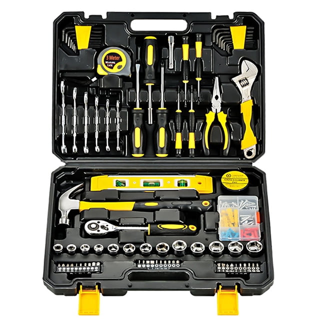 Amdohai 108 Piece Tool Set General Household Hand Tool Kit with Plastic Toolbox Storage Case. This set includes essential tools such as a claw hammer, screwdrivers, wrenches, pliers, a leveling instrument, a tape measure, and various screwdriver bits. Made of durable steel with a chrome-plated finish, the tools are corrosion-resistant and feature ergonomic, non-slip TPR rubber handles for comfort. The tools are organized in a compact black and yellow storage case, suitable for home, car, and office repairs, as well as DIY projects.