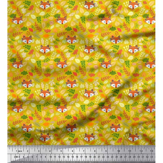 Soimoi Polyester Crepe Fabric Leaves & Fox Face Cartoon Print Sewing Fabric Yard 52 Inch Wide