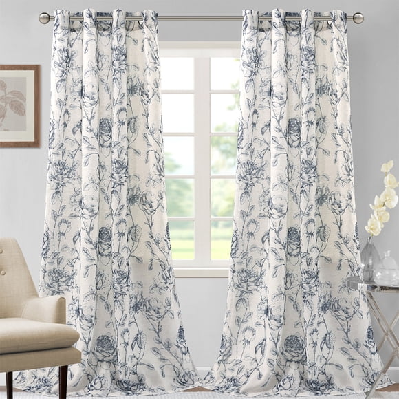 Yipa Curtains Light Filtering Window Curtain Semi Sheer Floral Print Voile Grommet Luxury Treatments Long Home Decor Navy Blue 52 x 84 in
