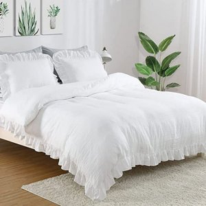 MesaSe 3PCS King Size Soft Laved Microfibre Vintage Couverture de couettes de campagne française avec fermeture bouton blanc