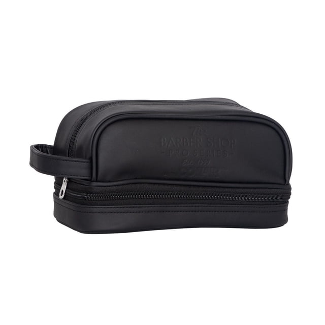 The Barbershop Pro Series Double Zip Organizer By Conair, a black vegan polyurethane travel toiletry kit with embossed branding, dual zip compartments, and a side handle, spacious for organizing barbering tools and travel essentials.