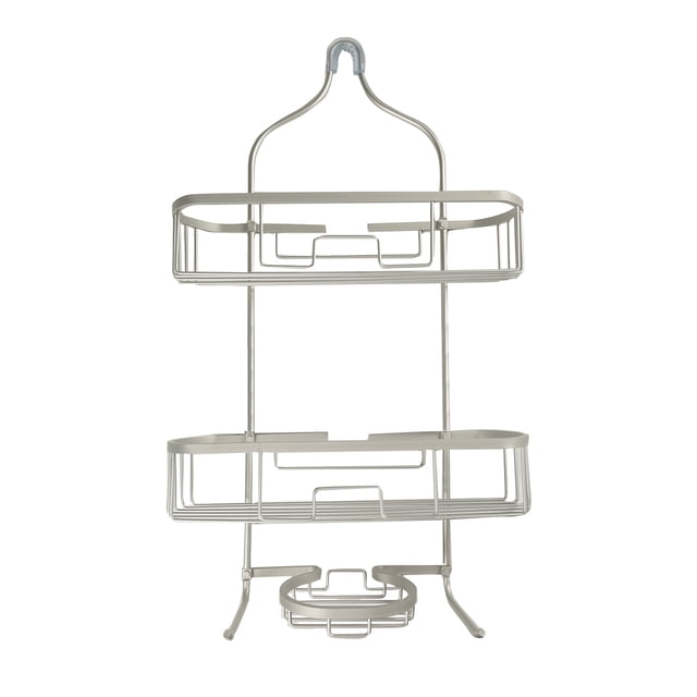 Era Grand Aluminum Shower Caddy, 3-tier soft silver finish, 15x26in, hangs from shower head with rubber collar and suction cups for stability, suitable for organizing shower essentials and toiletries.