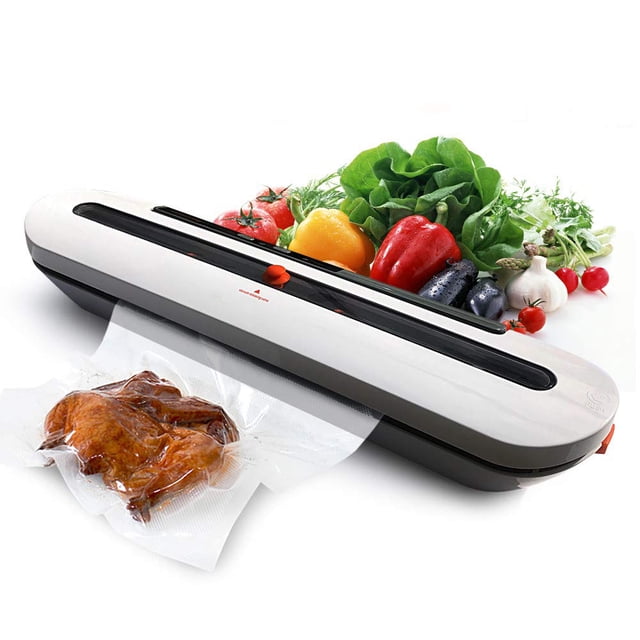 Machine Scelleuse sous Vide par Funavi, un Sauveur Alimentaire Automatique Conçu pour la Conservation des Aliments Secs et Humides. l'Appareil Élégant et Rectangulaire Présente une Finition Blanche et Noire avec une Bande de Scellage visible. un Sac Scellé sous Vide Contenant du Poulet Rôti Est Exposé devant la Machine, pendant Que des Légumes Frais comme la Laitue, les Poivrons et les Tomates Sont Disposés en Arrière-Plan. Idéal pour Réduire le Gaspillage Alimentaire et Prolonger la Fraîcheur.