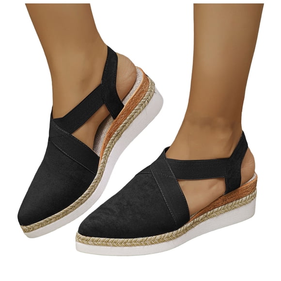 Sandales Compensées Légères pour Femmes à Enfiler, Bout Fermé, Bride à la Cheville en Toile, Confortables, Antidérapantes, Plateforme, Noires, Taille 9