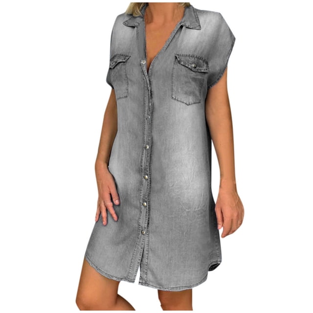2025 Robes Maxi Décontractées pour Femmes à Col Rabattu Petite Robes de Fête en Denim Sans Manches Mignonnes Robes à Queue pour Femmes Évasées